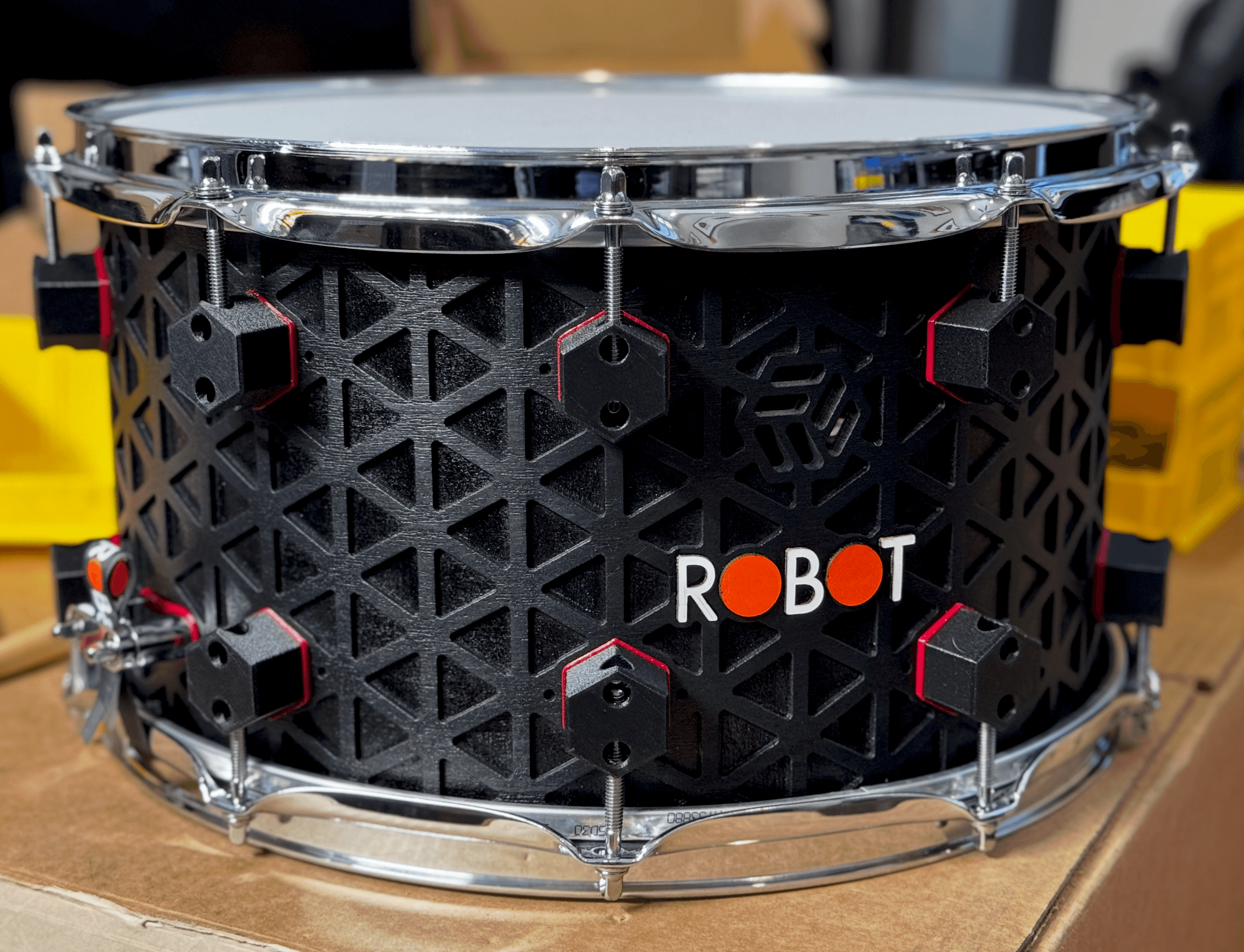 Black Kumiko Series snare with an isogrid shell and chrome hardware.